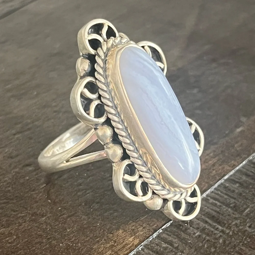 Southwest Sterling silver & blue lace agate ring- size 7 - Picture 1 of 12